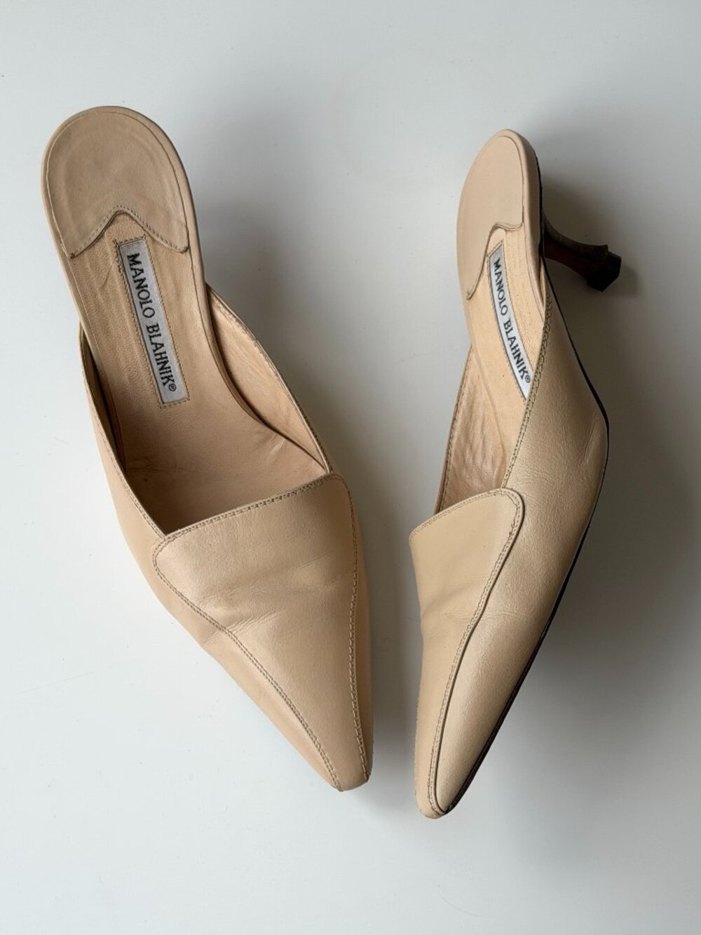 Vintage Manolo Blahnik Cream Leather Pointed Toe Mules, IT 38.5, US 7.5-8